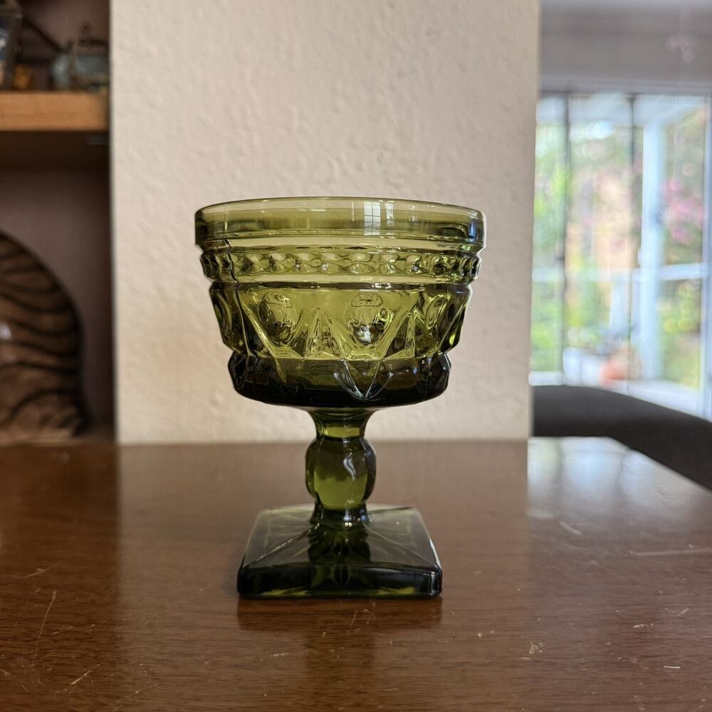 Avocado Green Glass Dessert Sherbert Cup Indiana Kings Crown Thumbprint Vintage